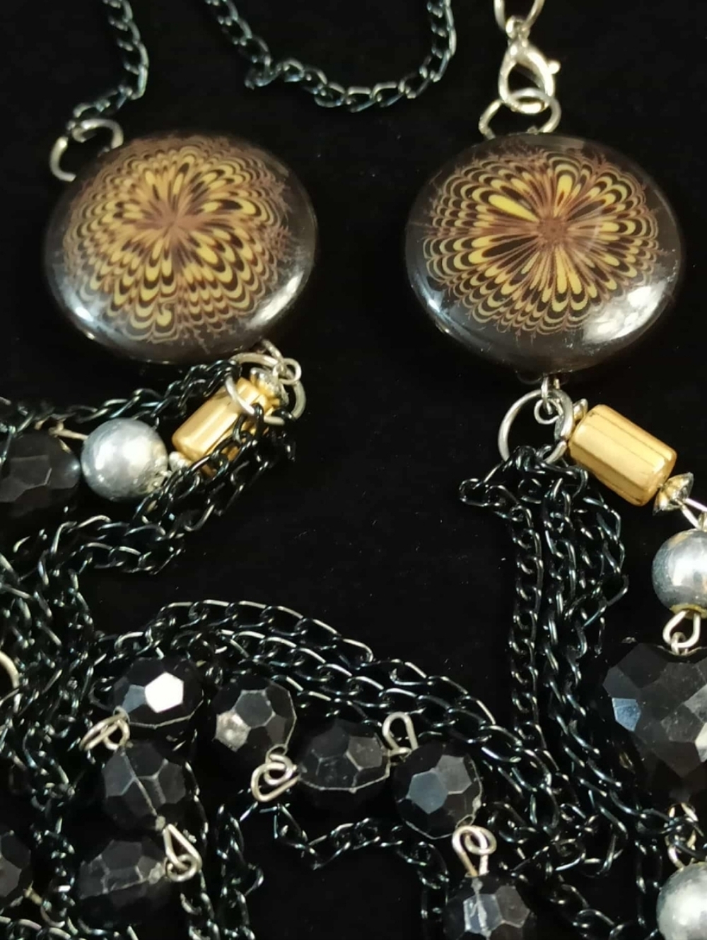 Vintage 90s Psychedelic Station Necklace Art Glass Medallion Multi Chain Boho